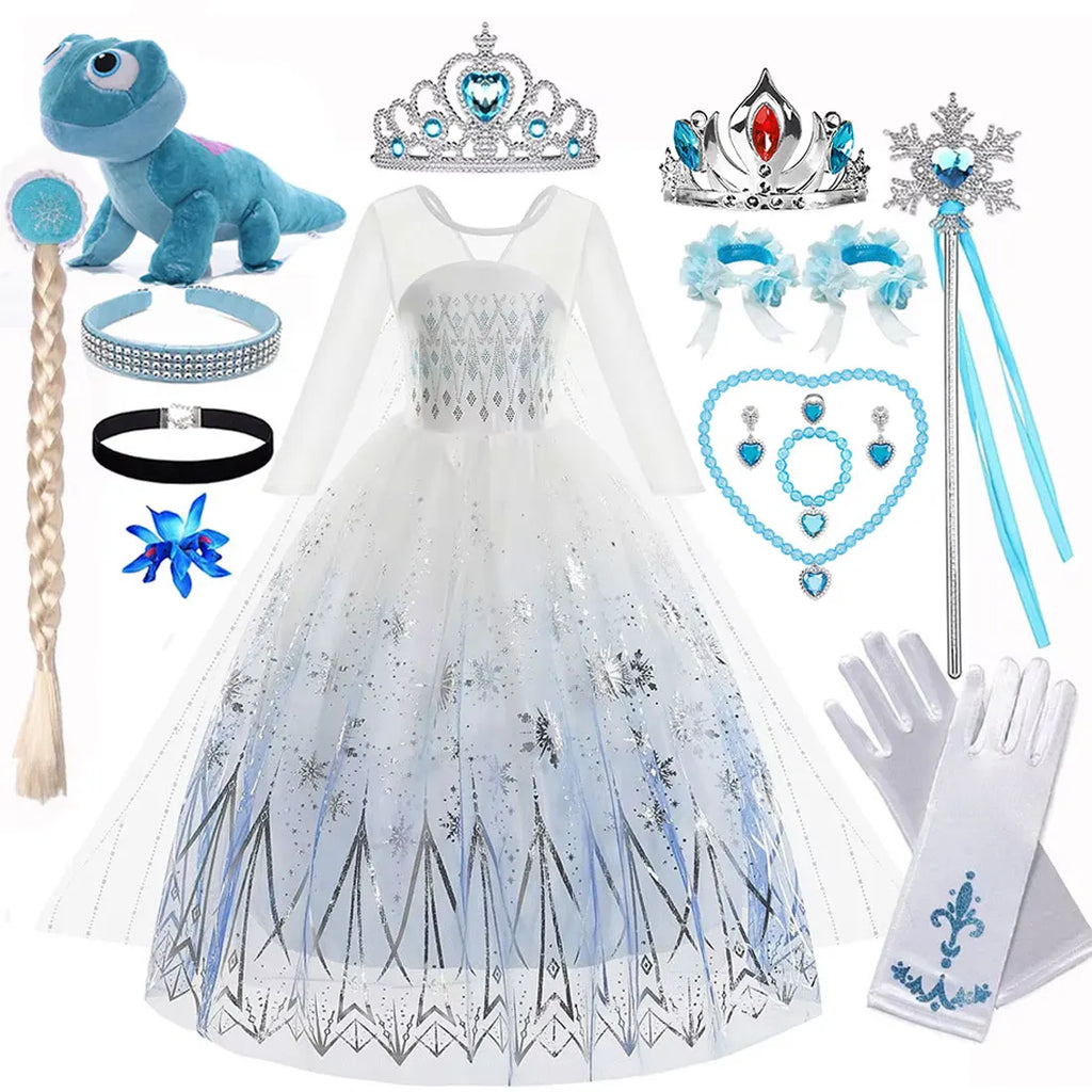 Elsa Princess Dress For Girl White Printed Long-Sleeved Lace Dress Festive Party Gift Set Frozen Dress Fire Spirit Olaf