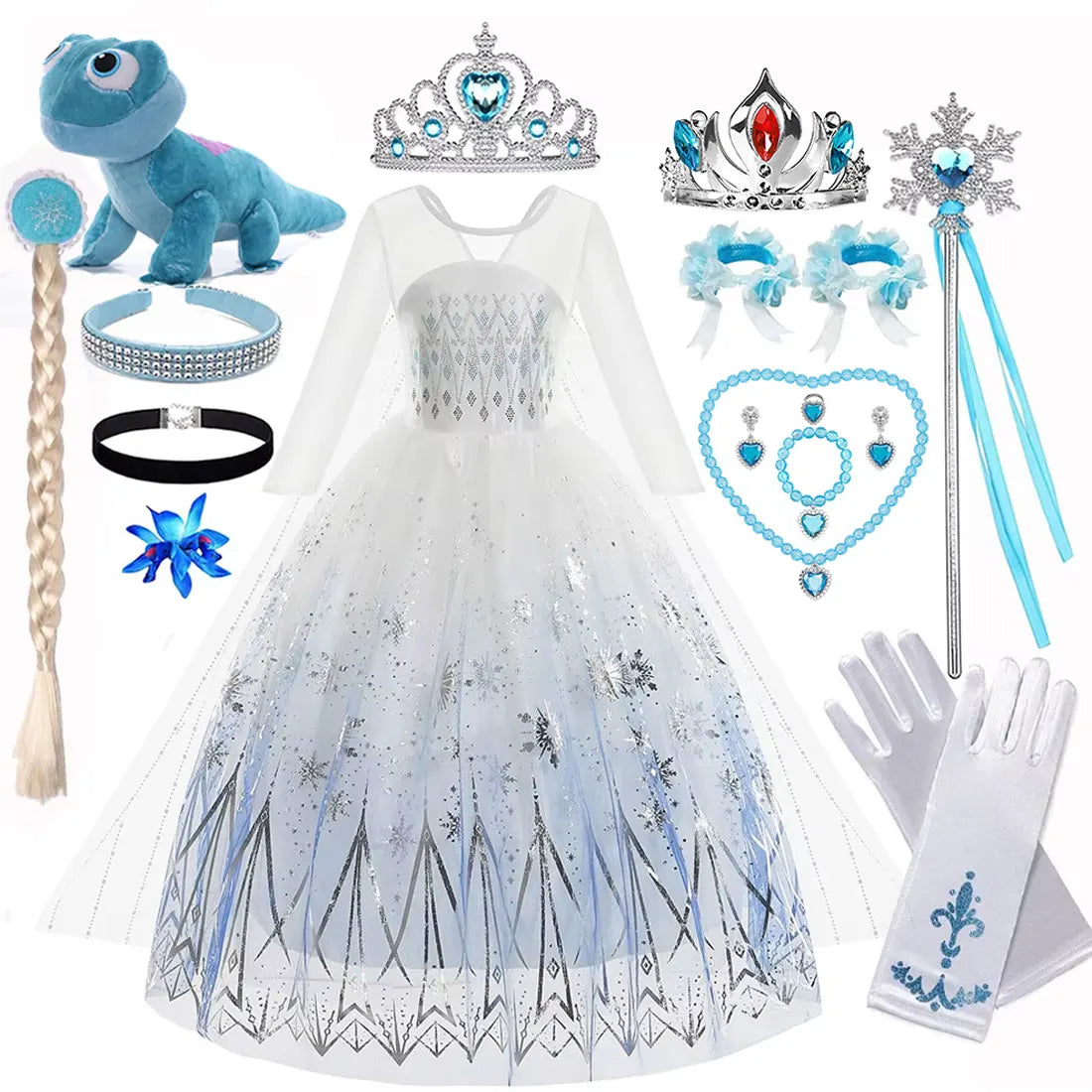 Elsa Princess Dress For Girl White Printed Long-Sleeved Lace Dress Festive Party Gift Set Frozen Dress Fire Spirit Olaf