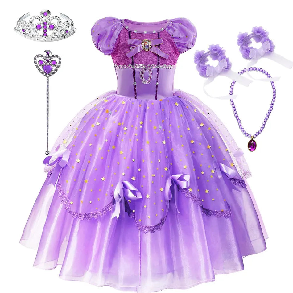 Little Girl Sofia Princess Ball Gown Role Play Delicate Carnival Costume Junior Catoon TV Series Heroine Dress Birthday Party