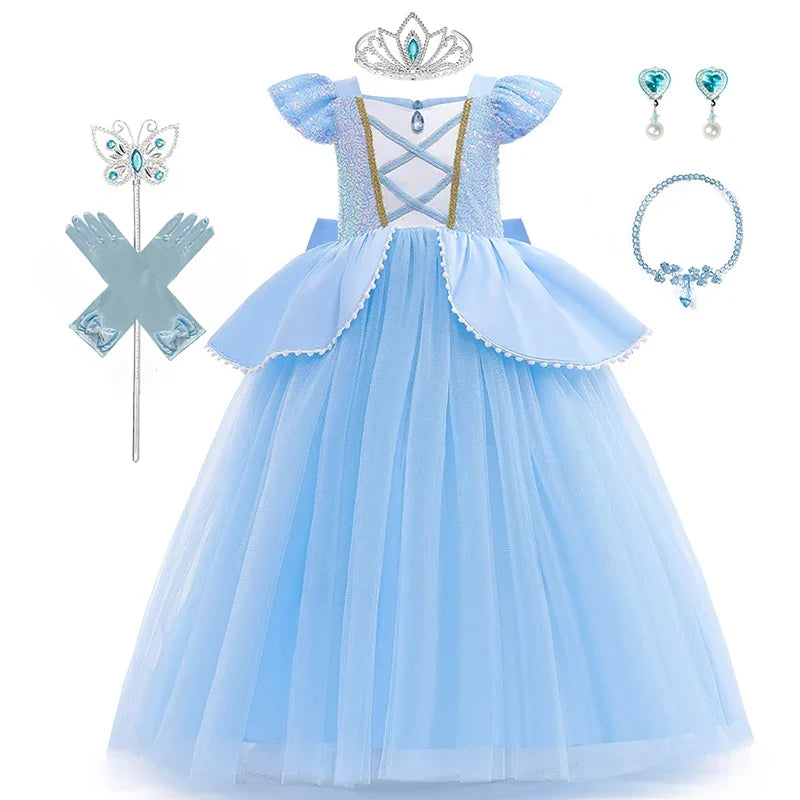 2-10Y Cinderelle Dress Princess Cosplay Costume for Girls Fancy Dress Up 2025 Kids Christma Birthday Party Outfit with Gloves