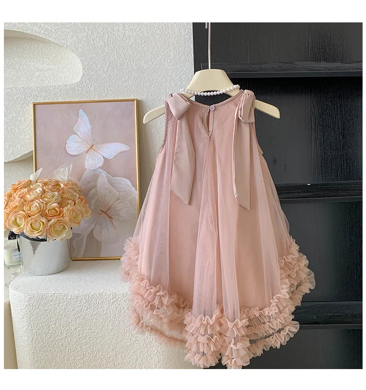 2024 Summer Korean  Girls New Sleeveless Bow Solid Color Sweet and Gentle Princess Dress Childrens Trend