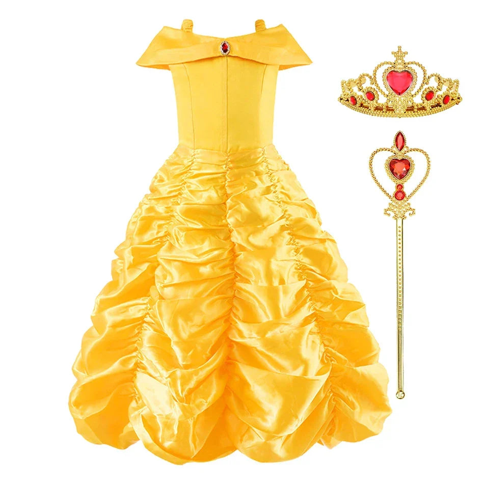 Yellow Princess Dress Halloween Cosplay Costumes Beauty and The Beast Kid Dress For 2-10Y Girls Birthday Party Children Clothing