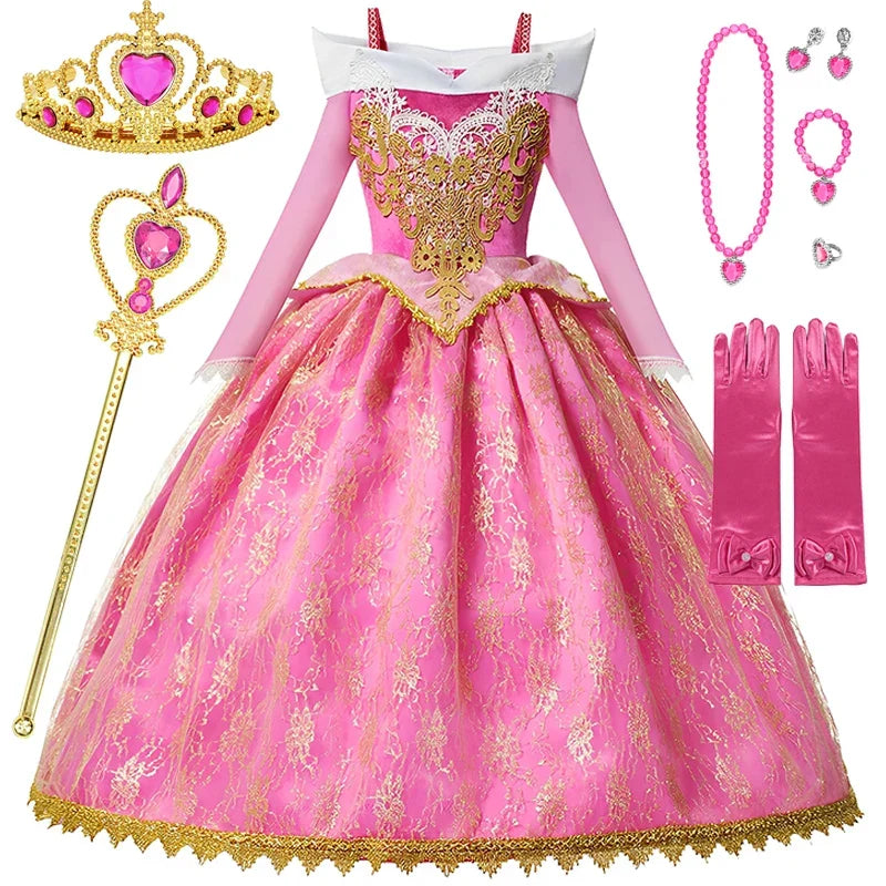 Girl Aurora Princess Dress Children Luxurious Cosplay Costume Rose Pink Briar Rose Outfit Kids Carnival Birthday Party Clothing