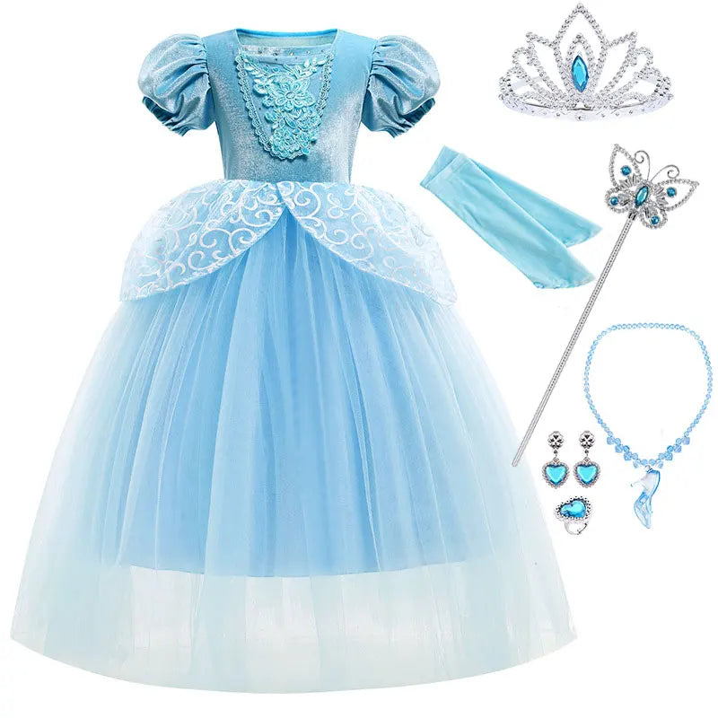 Girl Fancy Birthday Party Cinderella Ball Gown with Gloves Embroidery Floral Puffy Kids Princess Party Dress Fairy Glass Slipper