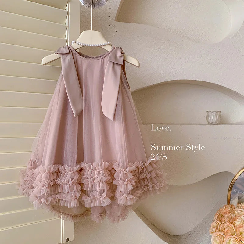 2024 Summer Korean  Girls New Sleeveless Bow Solid Color Sweet and Gentle Princess Dress Childrens Trend