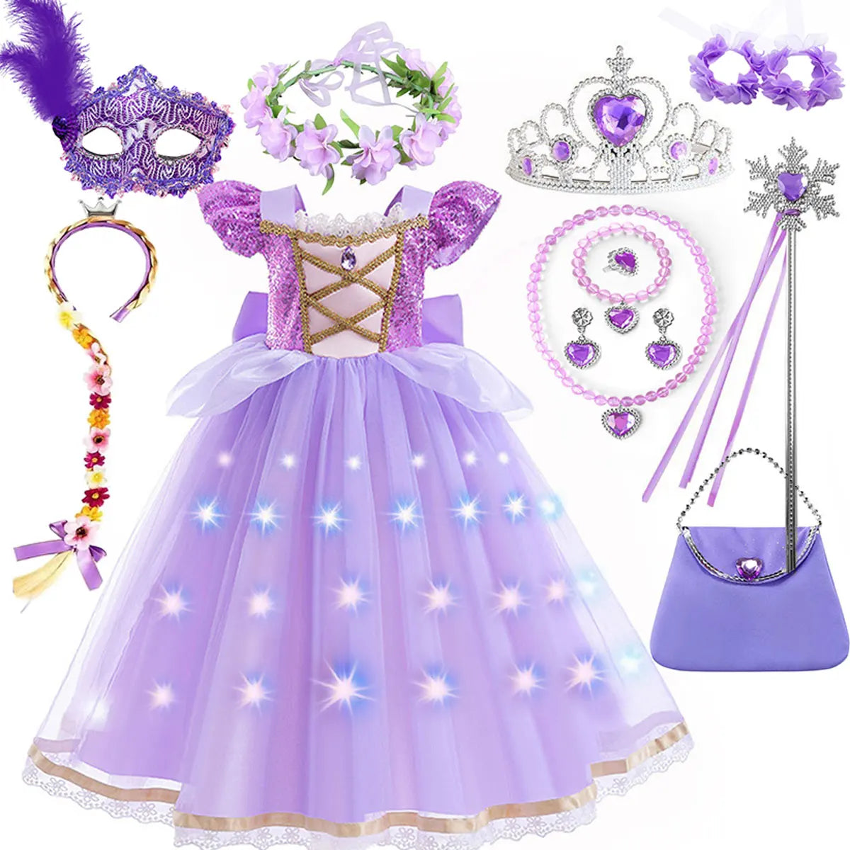 Purple Princess Dress Girl Cosplay Princess Short Sleeves Skirt Birthday Party Vestido Costume + Accessories