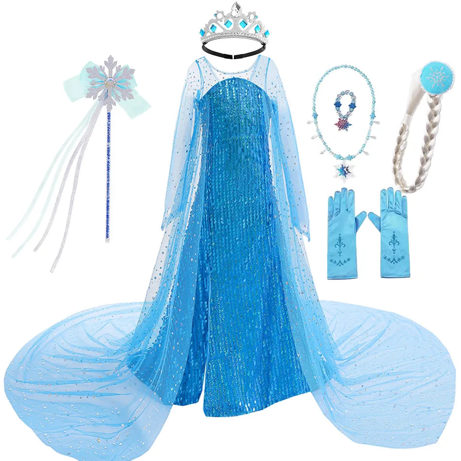 Toddler Shimmering Elsa Maxi Dress Feastured Princess Snow Queen Costume Full Bodice Sequins Embellished Christmas Party Frocks