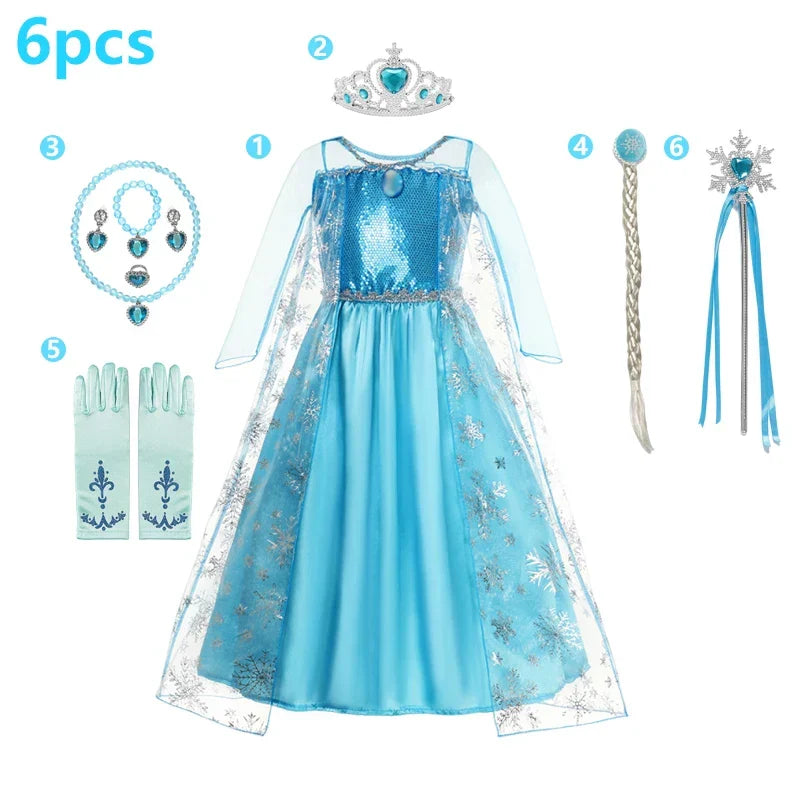 Elsa Dress Cosplay Princess Dress Light Blue Long Sleeve Sequin Children Dresses Carnival Party Evening Dress Dress For Girls