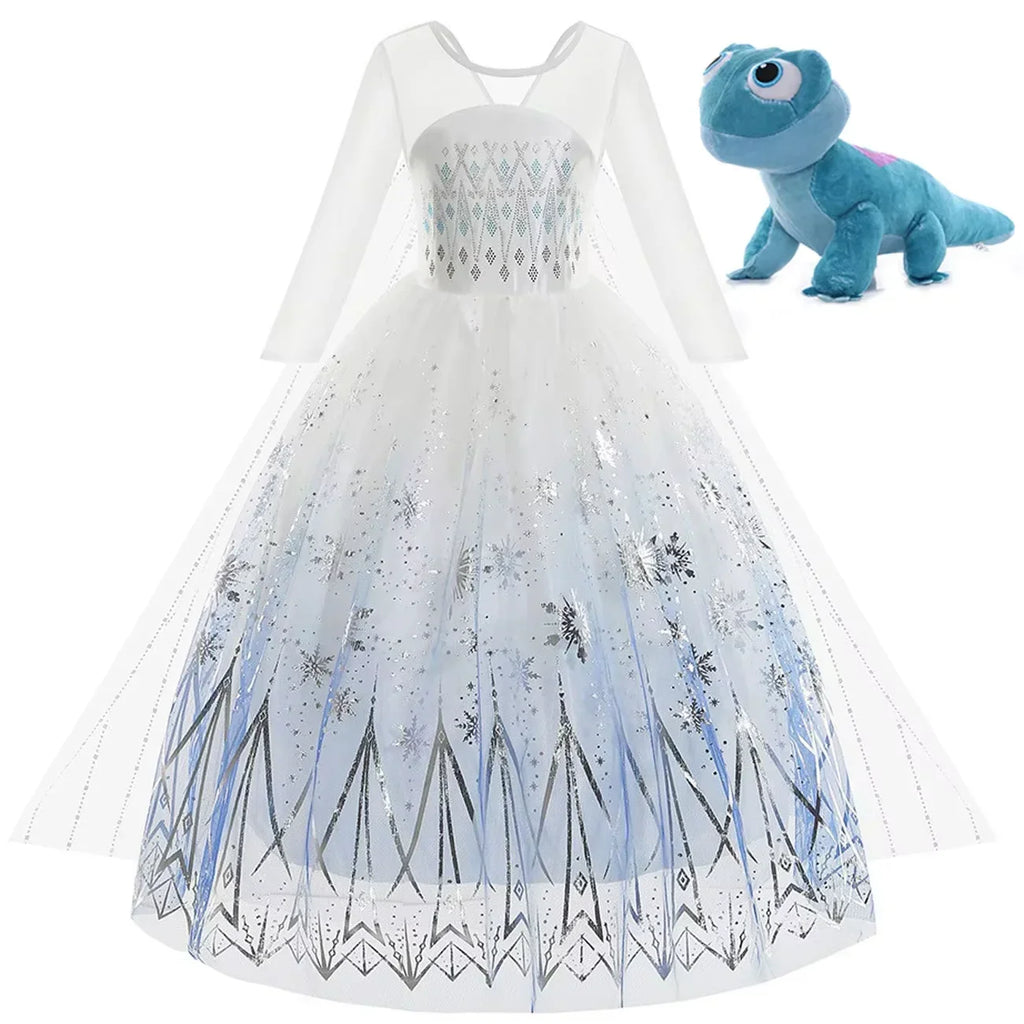 Elsa Princess Dress For Girl White Printed Long-Sleeved Lace Dress Festive Party Gift Set Frozen Dress Fire Spirit Olaf