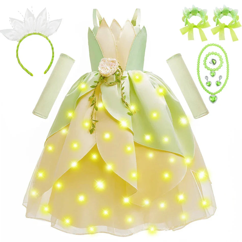 Tiana Fancy Girls Princess Costume Kid Carnival Dress Cosplay Floral LED Light Up Clothing Halloween Girls Christmas Party 2-11T