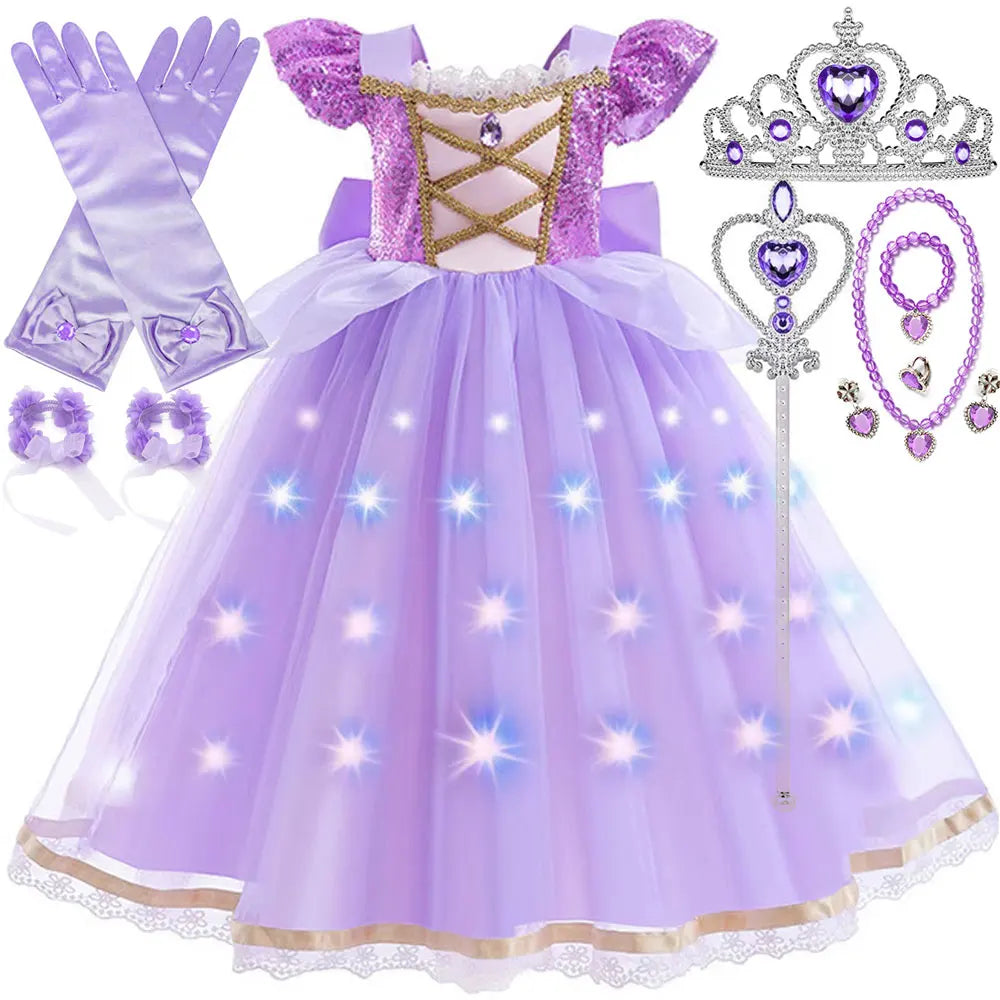 Purple Princess Dress Girl Cosplay Princess Short Sleeves Skirt Birthday Party Vestido Costume + Accessories