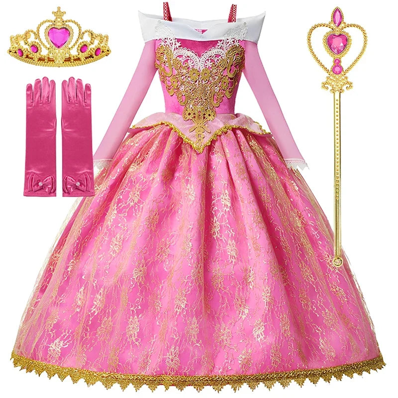 Girl Aurora Princess Dress Children Luxurious Cosplay Costume Rose Pink Briar Rose Outfit Kids Carnival Birthday Party Clothing