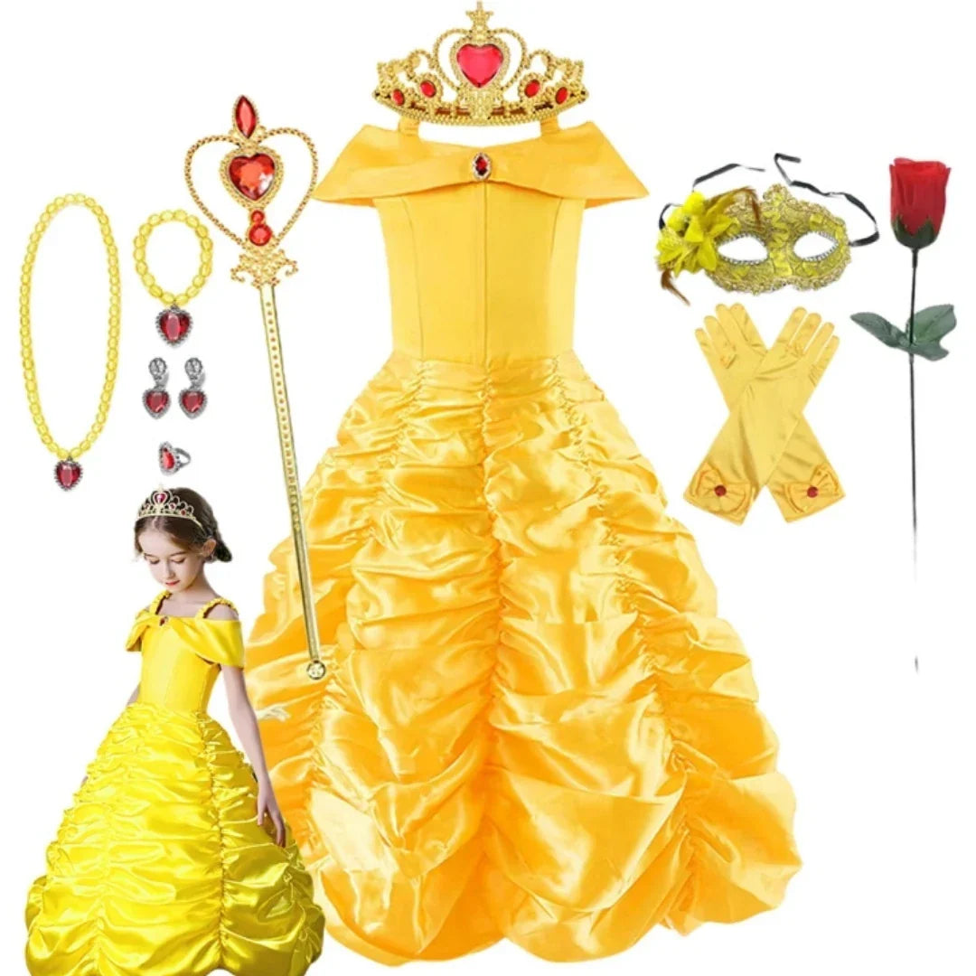 Yellow Princess Dress Halloween Cosplay Costumes Beauty and The Beast Kid Dress For 2-10Y Girls Birthday Party Children Clothing