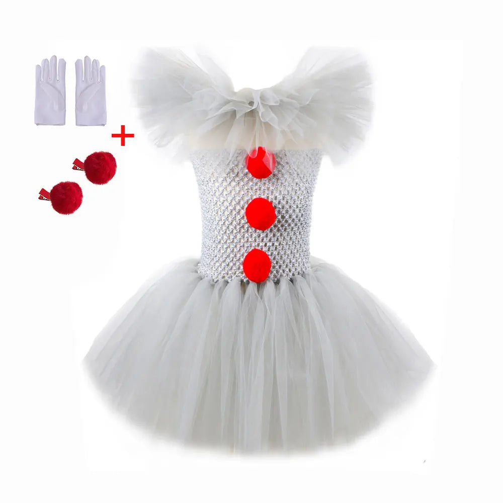 Pennywise Inspired Horrible Creature It Clown Tutu Dress Kids Joker Cosplay Costume with Hair Pin Gloves Girl Halloween Apparel