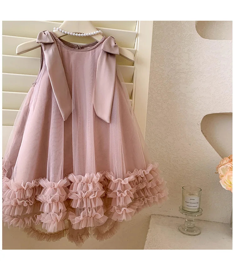 2024 Summer Korean  Girls New Sleeveless Bow Solid Color Sweet and Gentle Princess Dress Childrens Trend