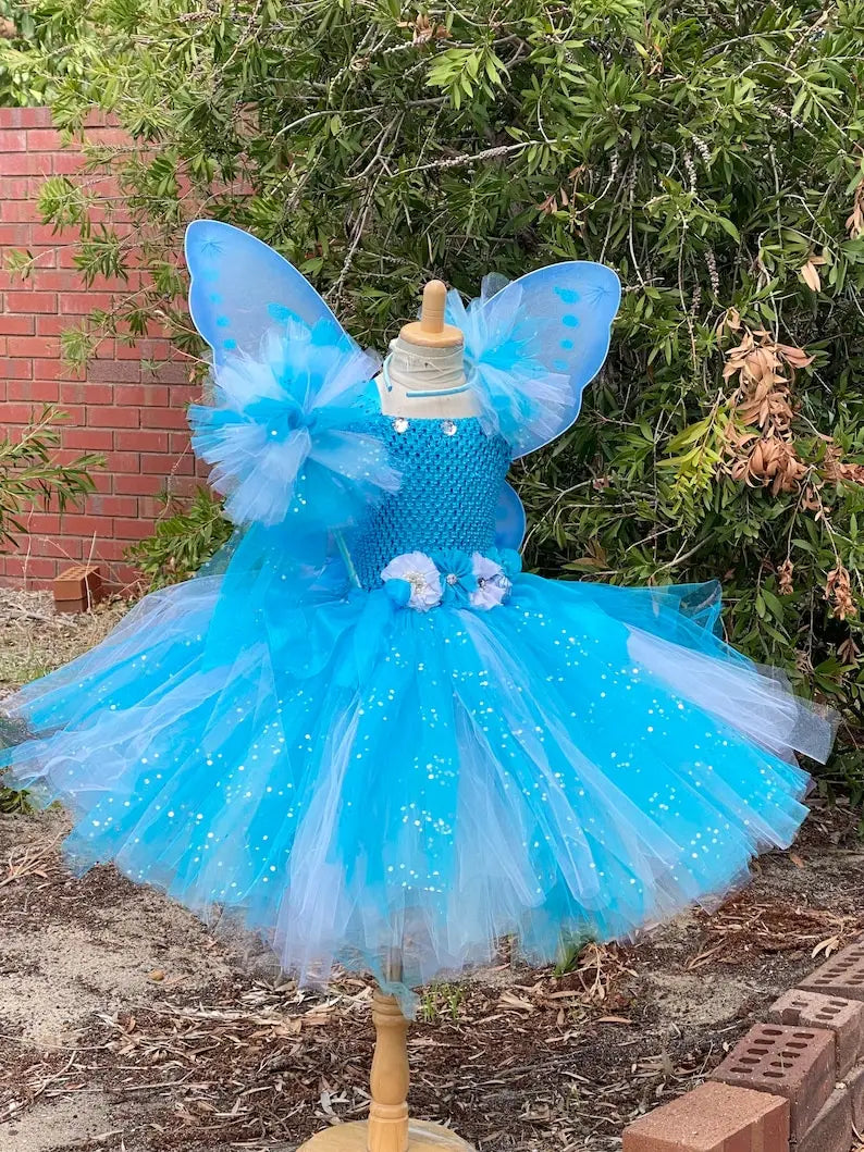 Girls Blue White Glitter Tutu Dress Kids Flower Fairy Dress with Butterfly Wing Stick Children Party Costume Princess Dresses