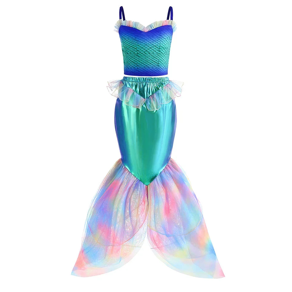 2024 NEW Two Pieces Mermaid Dress up Top and Tail Skirt Girls Off Shoulder Princess Dress Ariel Role Play Kids Halloween Apparel