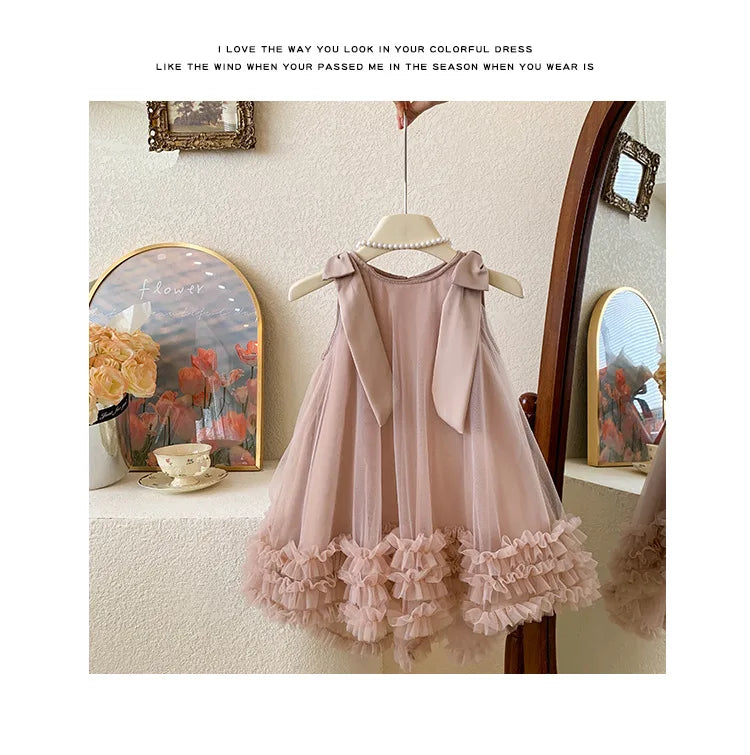 2024 Summer Korean  Girls New Sleeveless Bow Solid Color Sweet and Gentle Princess Dress Childrens Trend