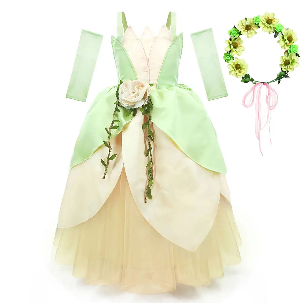 2024 Fancy Princess and Frog Story Cosplay Kid Princess Ball Gown off Shoulder Tiana Deluxe Royal Frock Girls Prom Party Costume