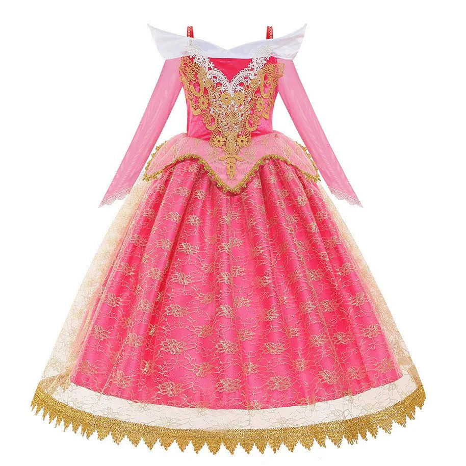 Sleeping Beauty Aurora Princess Dress Girl Cosplay Off Shoulder Kids Gifts Fancy Party Girl Baby Fine Lace Dress Set