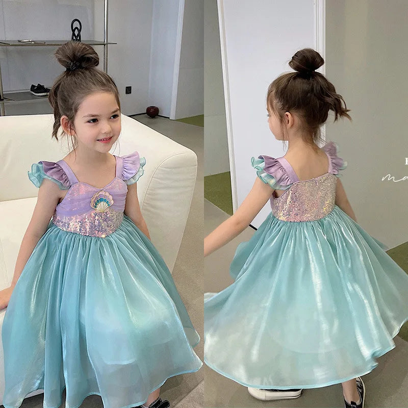 Kids Little Mermaid Summer Girls Casual Dress Ariel Princess Dress Cute Birthday Party Costume Kids Dress