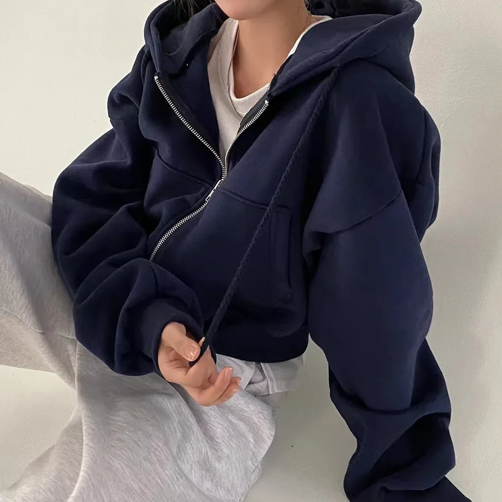 Korean Hood Shirt Women Fashion Fleece Lined Loose Hoodies Zipper Long Sleeve Crop Tops Harajuku Female Jackets Coats Sweatshirt