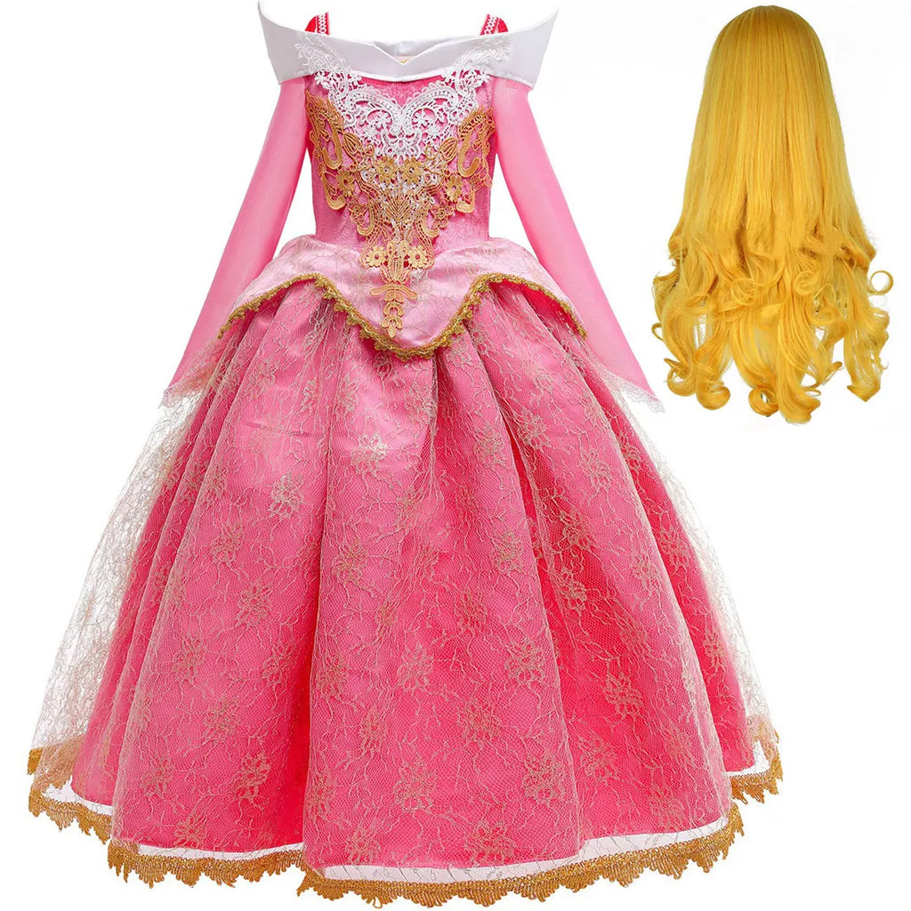 Sleeping Beauty Aurora Princess Dress Girl Cosplay Off Shoulder Kids Gifts Fancy Party Girl Baby Fine Lace Dress Set