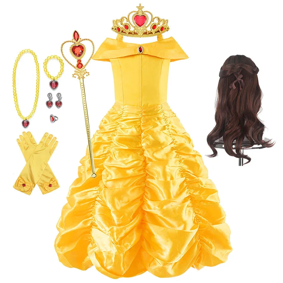 Yellow Princess Dress Halloween Cosplay Costumes Beauty and The Beast Kid Dress For 2-10Y Girls Birthday Party Children Clothing