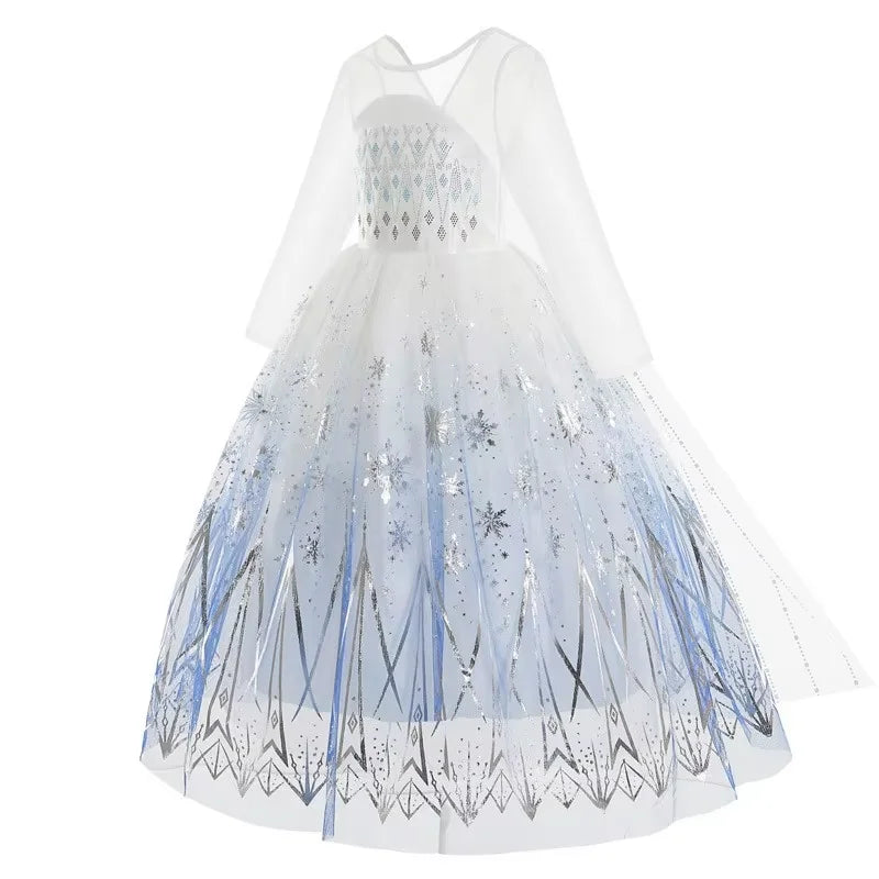 Elsa Princess Dress For Girl White Printed Long-Sleeved Lace Dress Festive Party Gift Set Frozen Dress Fire Spirit Olaf