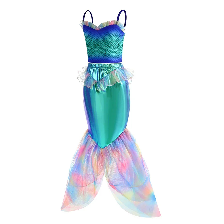 2024 NEW Two Pieces Mermaid Dress up Top and Tail Skirt Girls Off Shoulder Princess Dress Ariel Role Play Kids Halloween Apparel