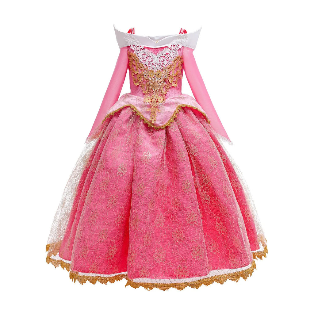 Sleeping Beauty Aurora Princess Dress Girl Cosplay Off Shoulder Kids Gifts Fancy Party Girl Baby Fine Lace Dress Set