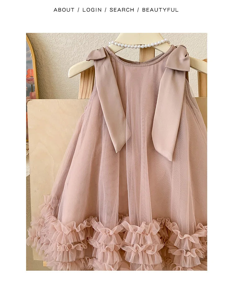 2024 Summer Korean  Girls New Sleeveless Bow Solid Color Sweet and Gentle Princess Dress Childrens Trend