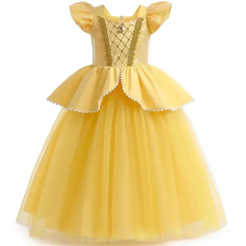 Beauty and the Beast Inspired Party Mesh Dress for Girl Elegant Fancy Princess Costume Belle Deluxe Ball Gown Kid Christmas Robe