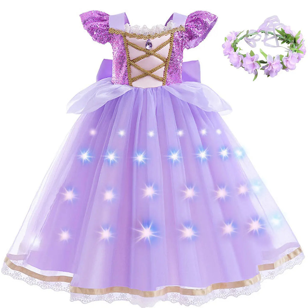 Purple Princess Dress Girl Cosplay Princess Short Sleeves Skirt Birthday Party Vestido Costume + Accessories