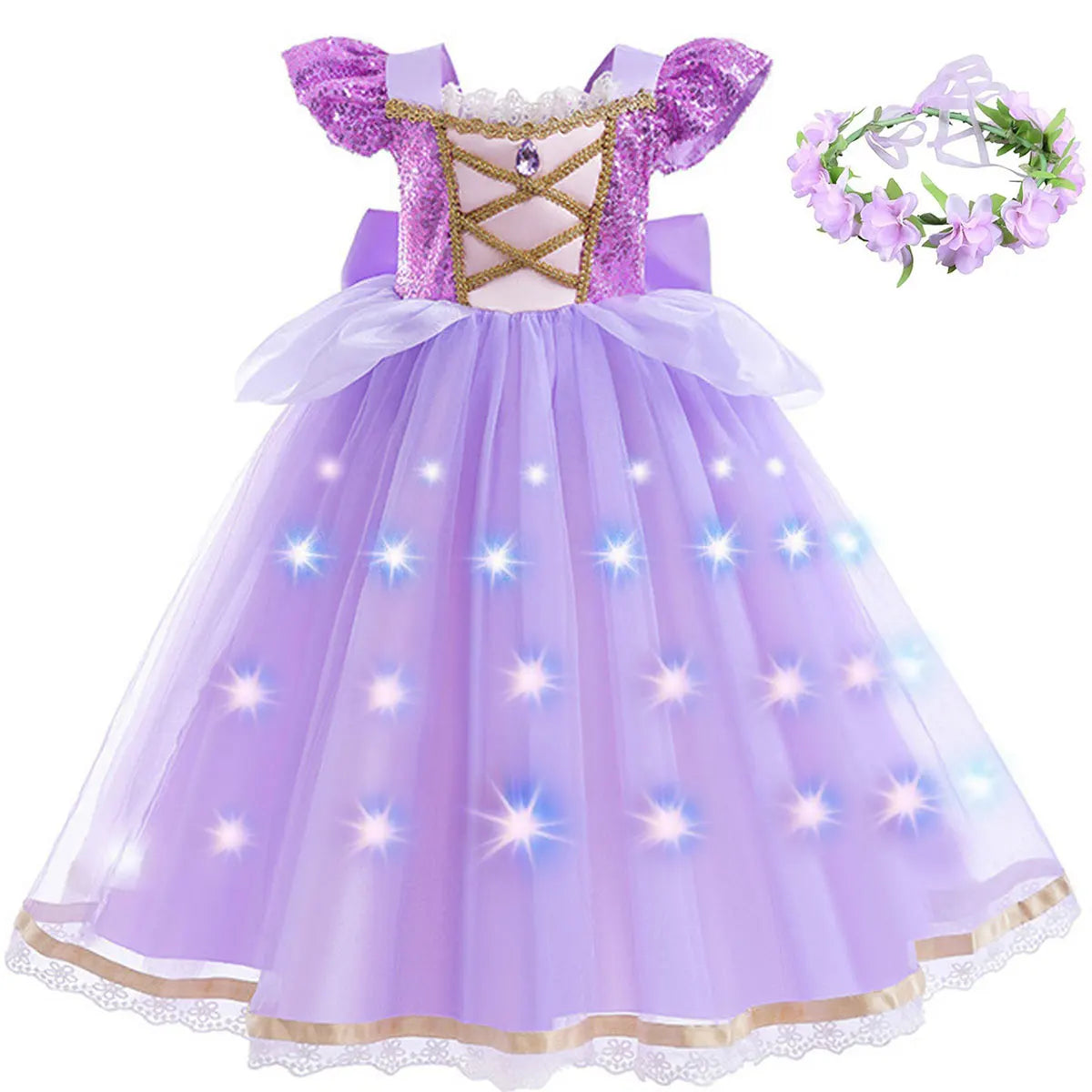 Purple Princess Dress Girl Cosplay Princess Short Sleeves Skirt Birthday Party Vestido Costume + Accessories