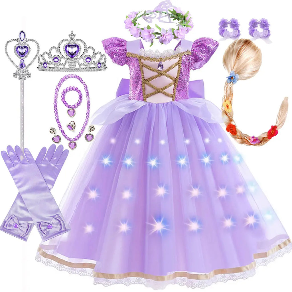 Purple Princess Dress Girl Cosplay Princess Short Sleeves Skirt Birthday Party Vestido Costume + Accessories