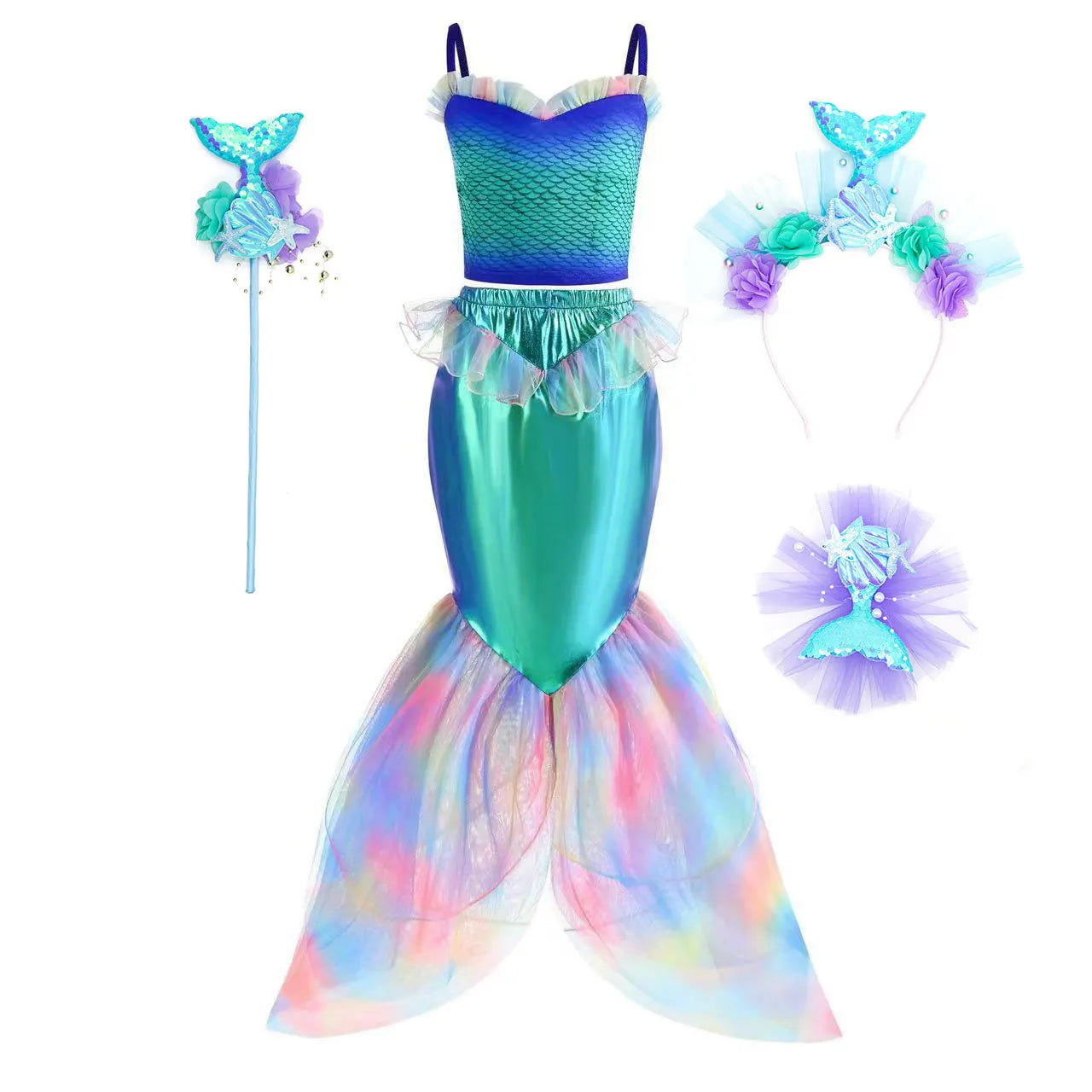 2024 NEW Two Pieces Mermaid Dress up Top and Tail Skirt Girls Off Shoulder Princess Dress Ariel Role Play Kids Halloween Apparel