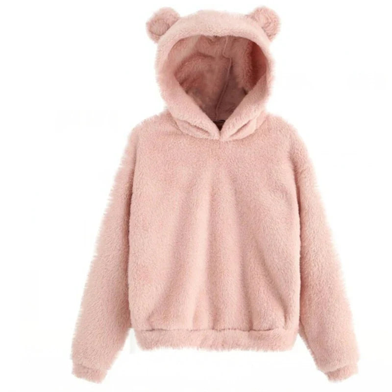 Winter Korean Fashion Bear Ears Cute Loose Hoodie Fluffy Hooded Warm Sweatshirt Long Sleeve Top Solid Pullover Clothes For Women