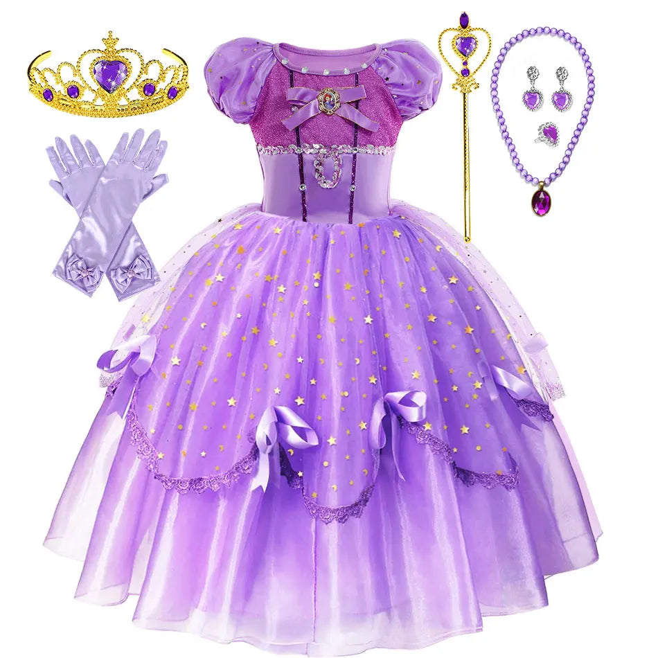 Little Girl Sofia Princess Ball Gown Role Play Delicate Carnival Costume Junior Catoon TV Series Heroine Dress Birthday Party