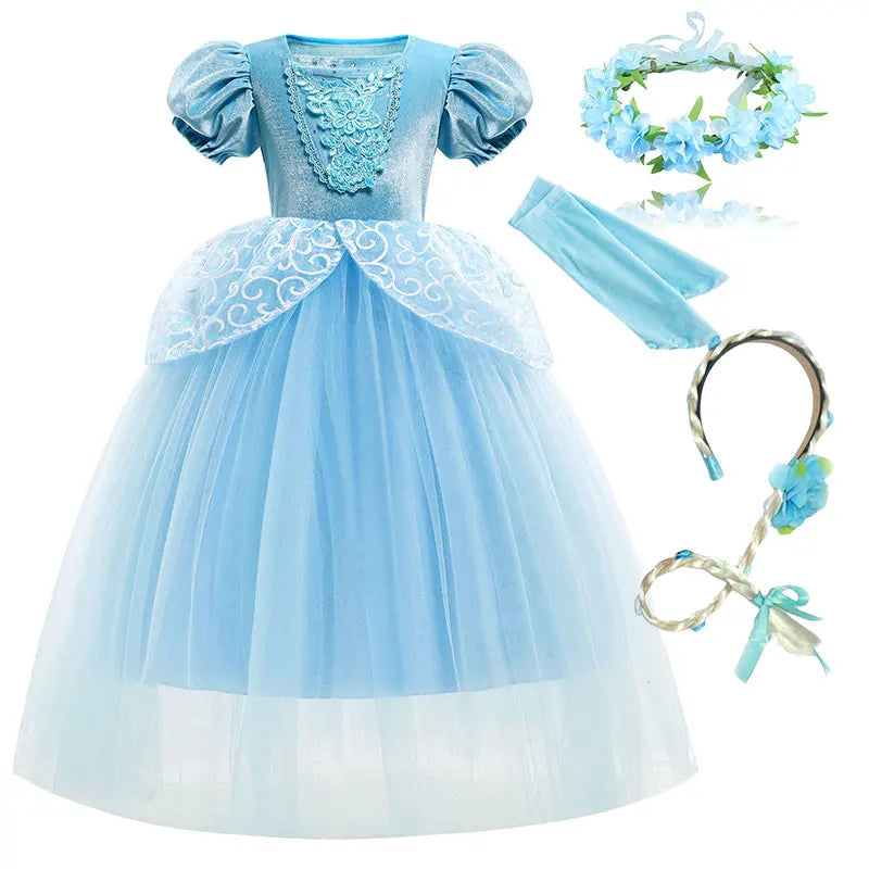 Girl Fancy Birthday Party Cinderella Ball Gown with Gloves Embroidery Floral Puffy Kids Princess Party Dress Fairy Glass Slipper