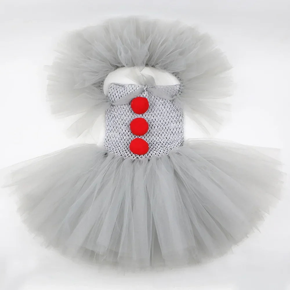Pennywise Inspired Horrible Creature It Clown Tutu Dress Kids Joker Cosplay Costume with Hair Pin Gloves Girl Halloween Apparel