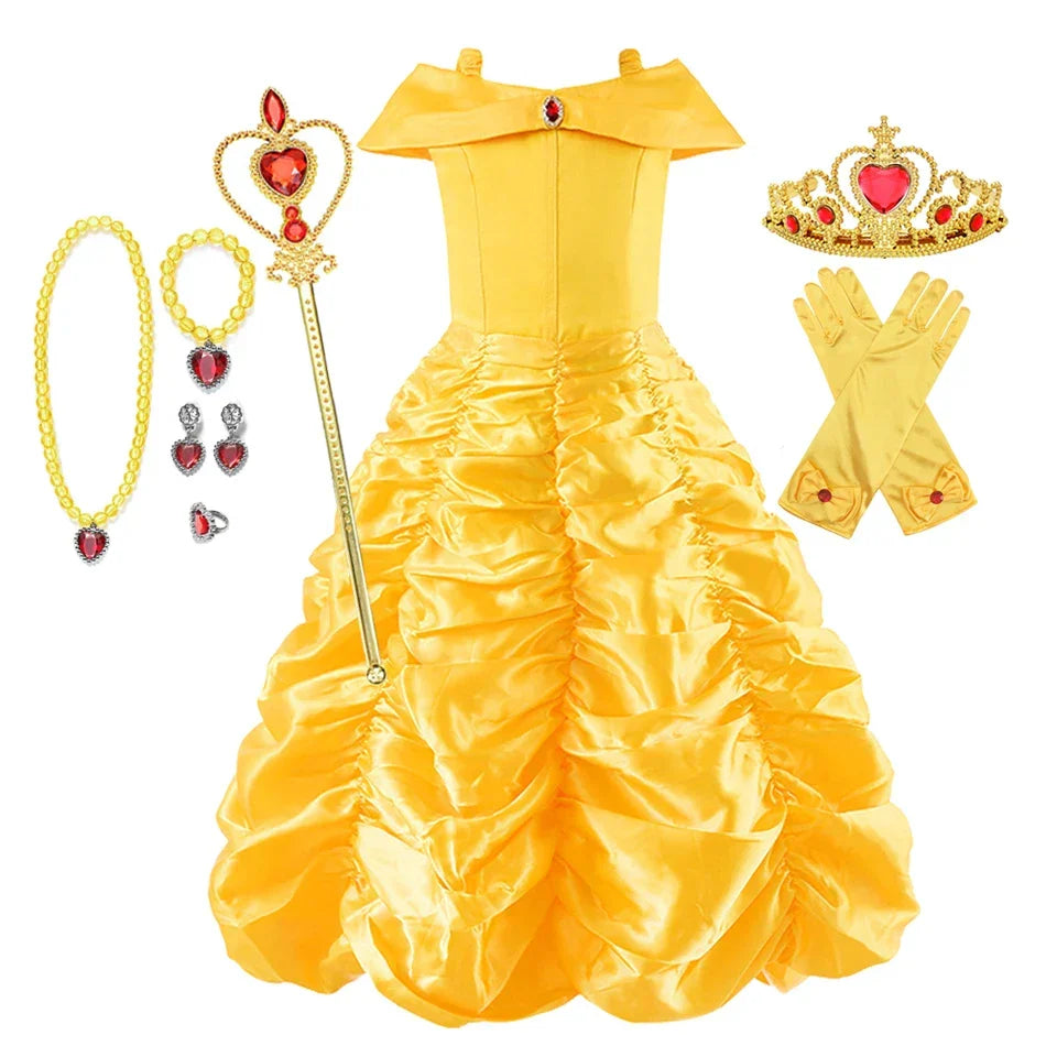 Yellow Princess Dress Halloween Cosplay Costumes Beauty and The Beast Kid Dress For 2-10Y Girls Birthday Party Children Clothing