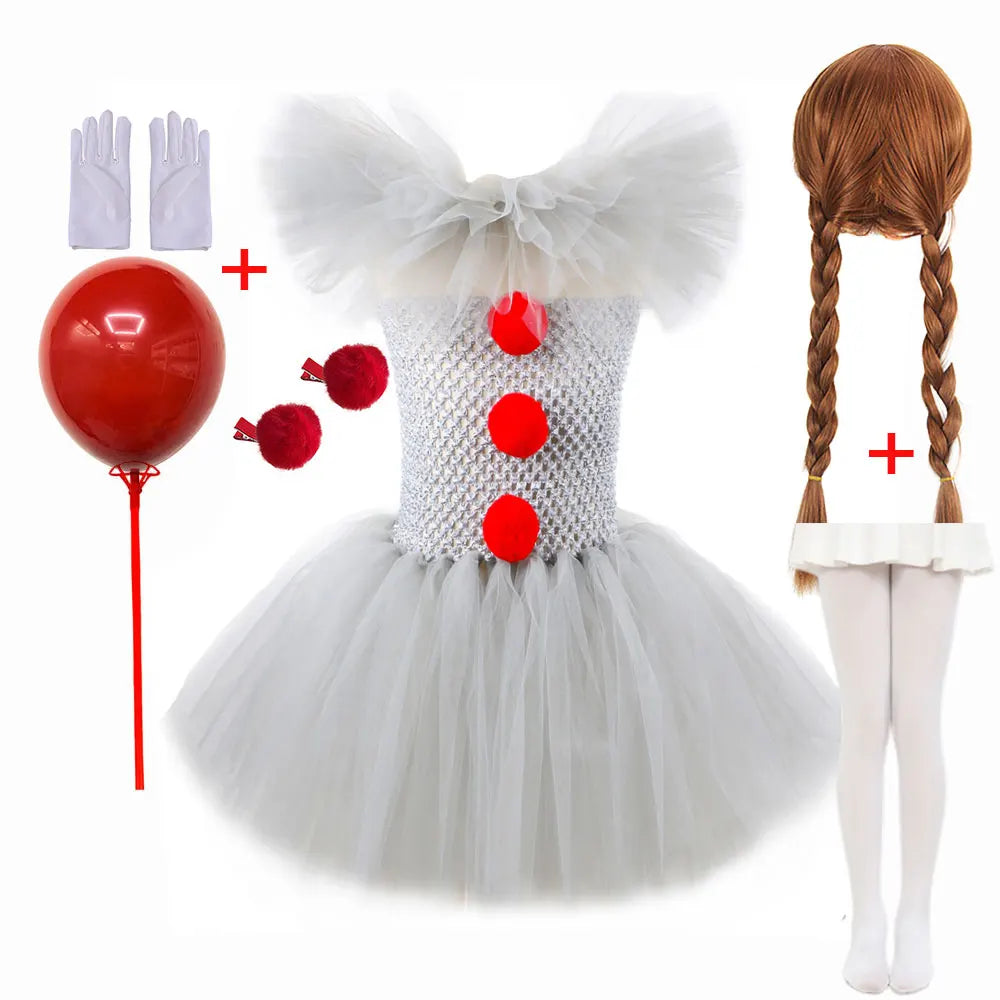 Pennywise Inspired Horrible Creature It Clown Tutu Dress Kids Joker Cosplay Costume with Hair Pin Gloves Girl Halloween Apparel