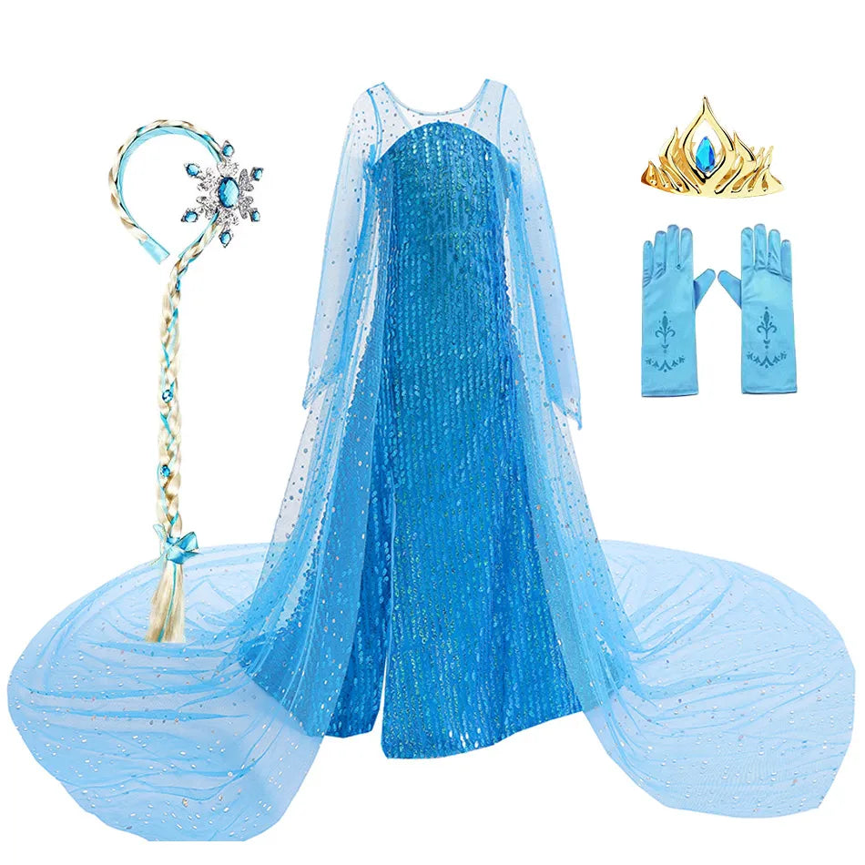 Toddler Shimmering Elsa Maxi Dress Feastured Princess Snow Queen Costume Full Bodice Sequins Embellished Christmas Party Frocks