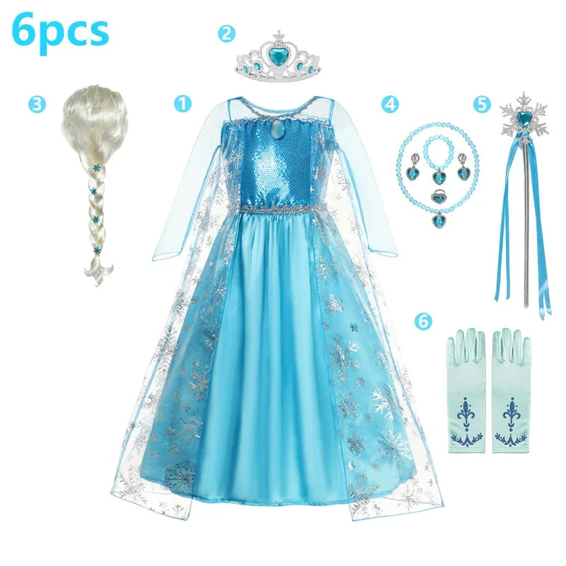 Elsa Dress Cosplay Princess Dress Light Blue Long Sleeve Sequin Children Dresses Carnival Party Evening Dress Dress For Girls