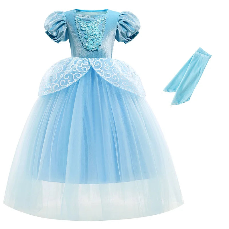 Girl Fancy Birthday Party Cinderella Ball Gown with Gloves Embroidery Floral Puffy Kids Princess Party Dress Fairy Glass Slipper