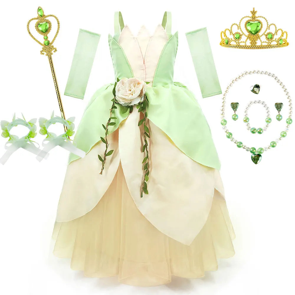 2024 Fancy Princess and Frog Story Cosplay Kid Princess Ball Gown off Shoulder Tiana Deluxe Royal Frock Girls Prom Party Costume